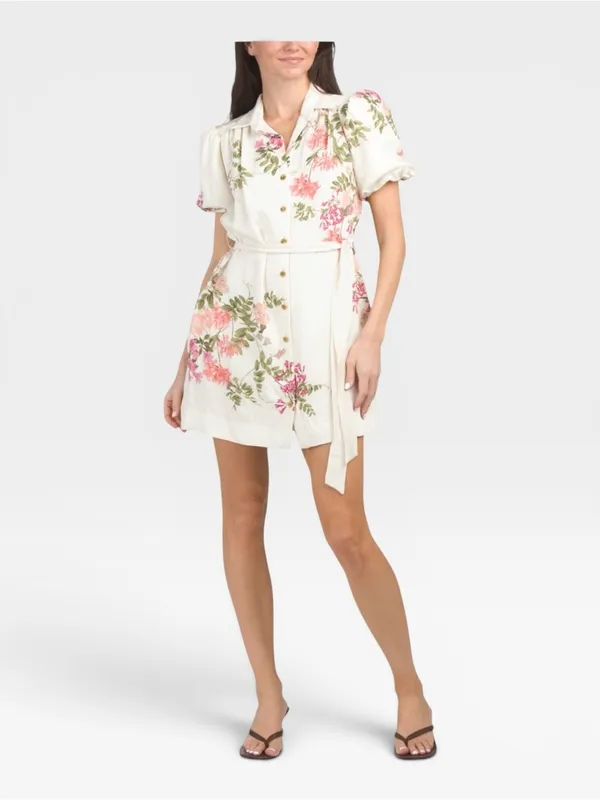 TAYLOR Floral Belted Button Front Mini Shirt Dress Cream Pink Size 2 NWT - Image 2