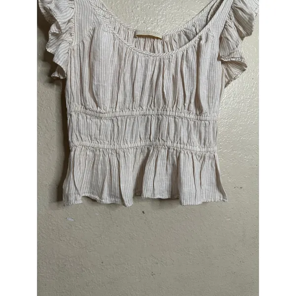 Ulla Johnson 100% Linen Ruffle Sleeve Smocked Peplum Top Ivory Stripe size 6 - Image 5