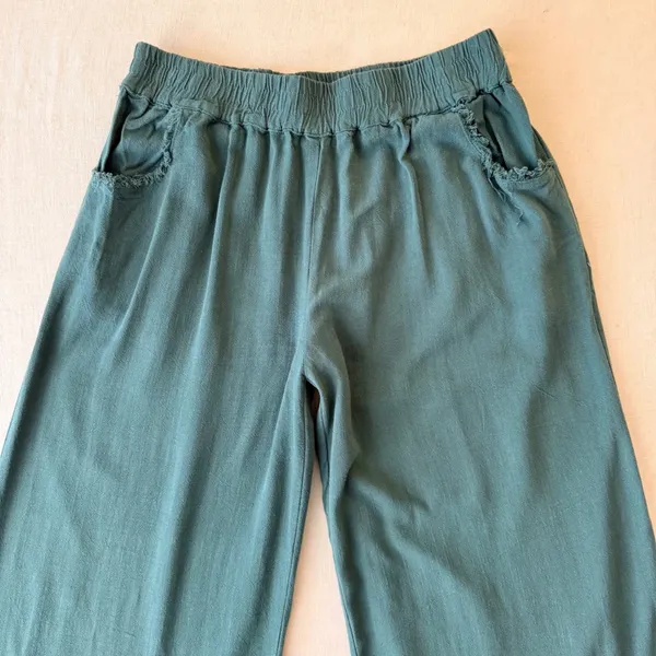 Umgee Linen Blend Boho Wide Leg Cropped Fringe Hem Pants Womens Medium - Image 3