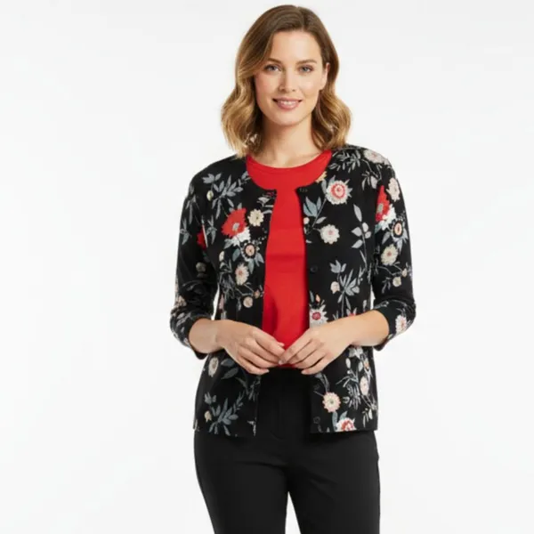 Ann Taylor Black Dark Moody Floral Knit Button Up Cardigan Sweater M - Image 2