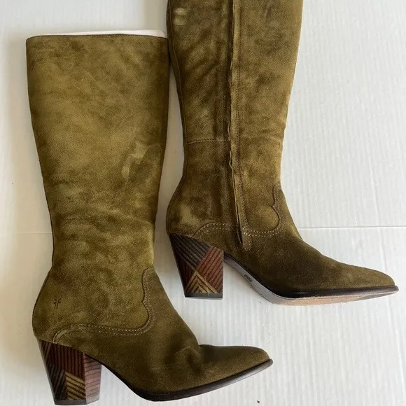 Frye Reed Sz 7M Olive Green Suede Side Zipper Tall Casual Dress Heeled Boots - Image 4