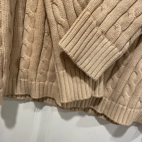 L.L. Bean Size M Tan Khaki Cotton Cable Knit V Neck Pullover Fisherman Sweater - Image 4