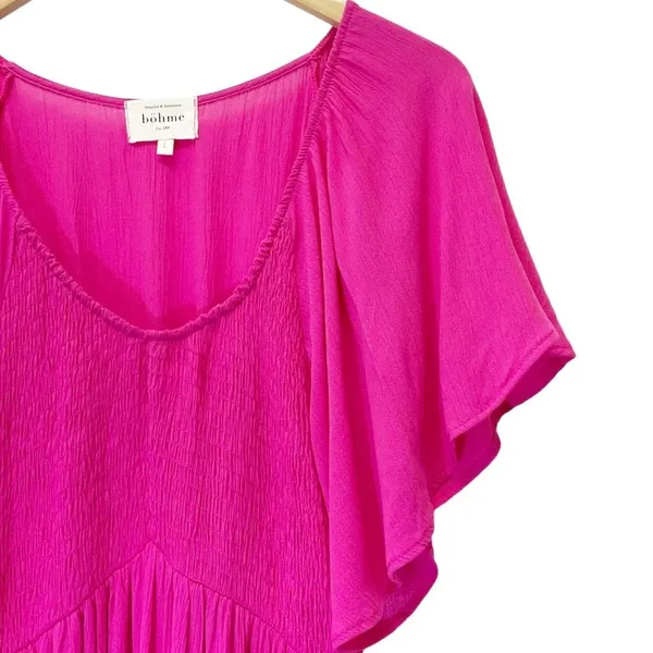Bohme Saltwater Smocked Midi Dress Large Fuchsia Pink Flutter Sleeve Boho - Image 7
