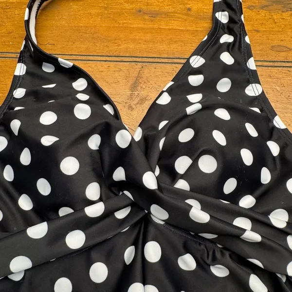 Aimage Black White Polka Dot Halter‎ Neck Flounce Swim Dress Size S - Image 3