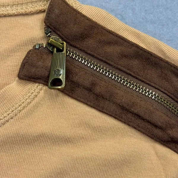 Lauren Ralph Lauren Tan Long Sleeve Shirt Zipper Shoulder Elbow‎ Patches XL - Image 6