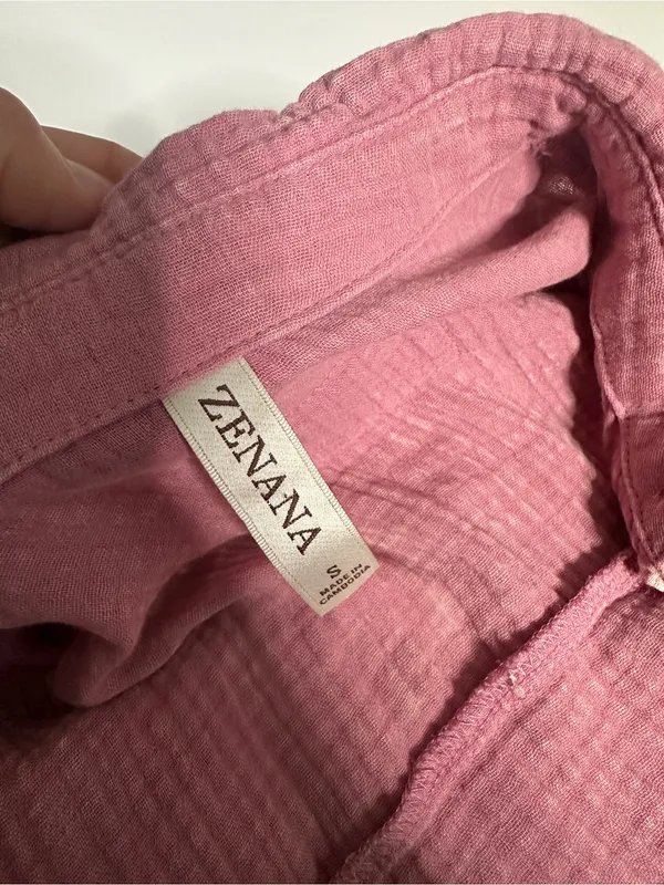 Zenana Pink Double Gauze Waffle Raw Hem Button Up Shirt - Image 8