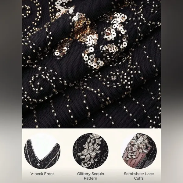 #10 Vintage-Inspired Black Beaded Flapper Dress with Fringe-Large/Size 14 - Image 9