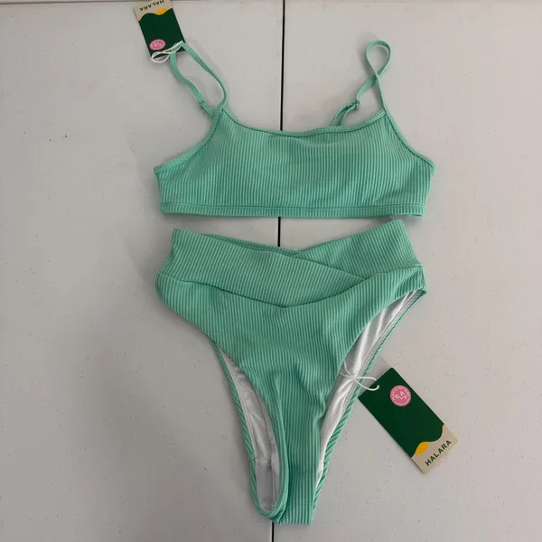 Halara Bikini Set Womens Small Ribbed Crossover High Waist Mint Green - Image 4