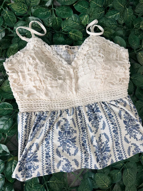& Other Stories Crochet Lace Bodice Dress with Blue Floral Skirt - Blue and White - Image 3