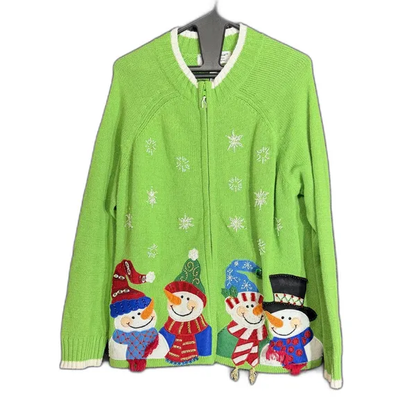 Tiara International Womens Size Large Christmas Cardigan Green Snowman Beaded - Image 2