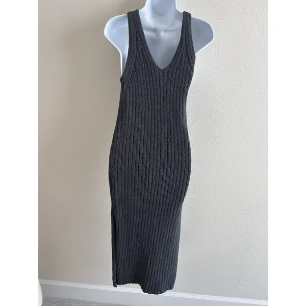 FREE PEOPLE Emmy Ribbed V-Neck Sweater Dress Cotton Small Petite GRAPHITE Slits‎ - Image 4