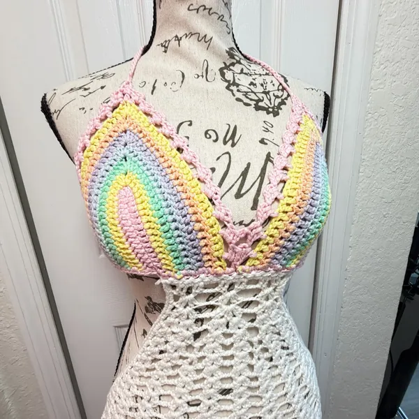 Love Tease ✨ Love Sense Crochet Rainbow Halter Mini Dress Cover Up S/M Pastel Festival Boho ✨ - Image 7