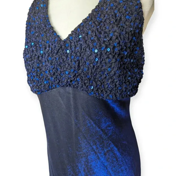 Y2K Prom Dress Iridescent Blue Sparkly Strappy Floor-Length Formal Gown 2000s - Image 3