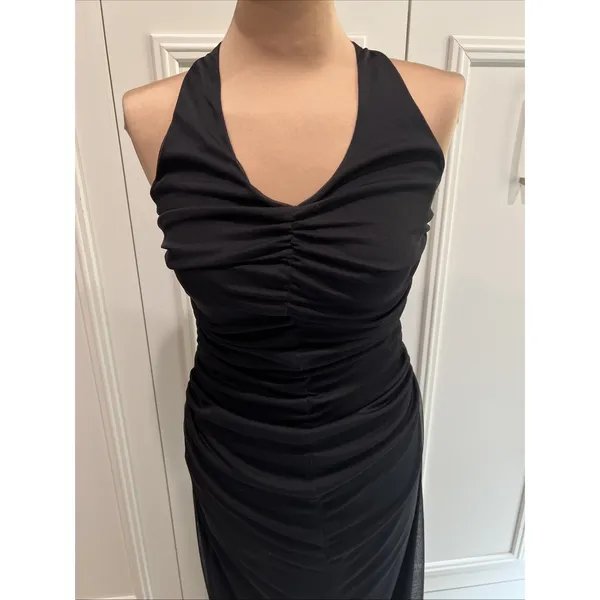 Vintage La Belle Black Ruched Mesh Overlay Maxi Dress Size Medium Gown Halter - Image 2