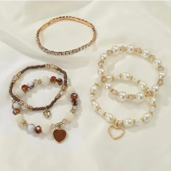 Boho Pearl & Crystal Heart Charm Bracelet Stack (5 Pieces) Gold - Image 6