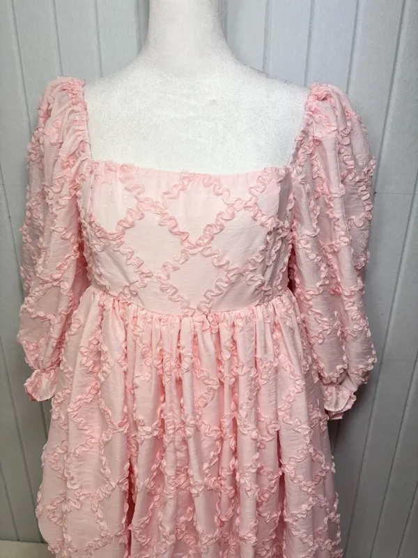 Mable Ribbon Textured Puff Sleeve Babydoll Mini Dress In Baby Pink‎ Size M - Image 5