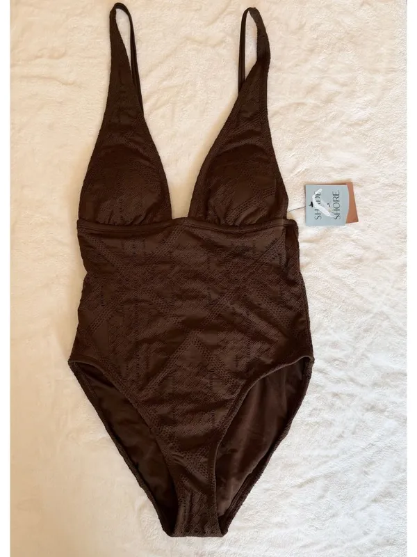 NWT Shade & Shore Brown Crochet Plunge Medium Coverage One Piece Swimsuit - S - Image 2