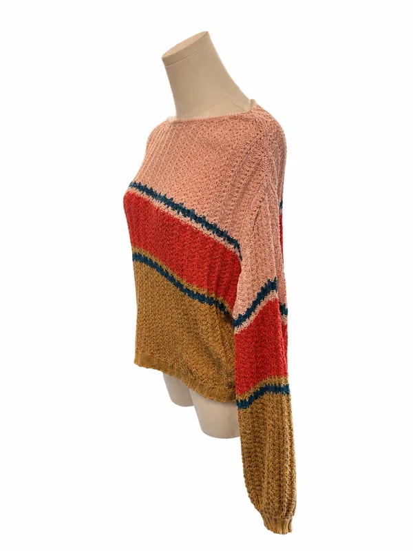 Billabong Size Large Open Knit Colorblock Lightweight Sweater Pink Rust Tan - Image 2