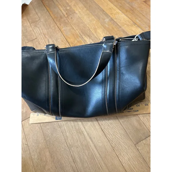 Ellen Tracy Black Leather Tote Bag Satchel Contrast Piping Silver Hardware - Image 12