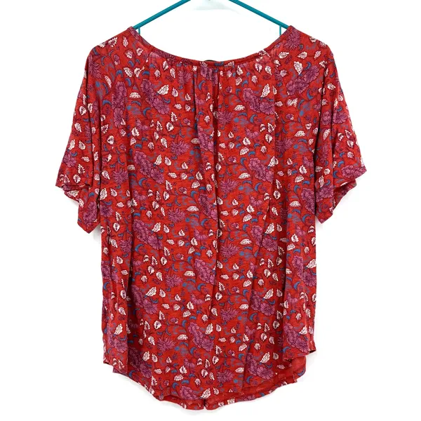 Lucky Brand Size Large Short Sleeve Shirt Top Blouse Red Floral Loose Fit Flowy‎ - Image 2