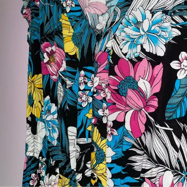 Ana Size 8 Midi Dress Black w Colorful Tropical Floral Print Ruffle Casual - Image 3
