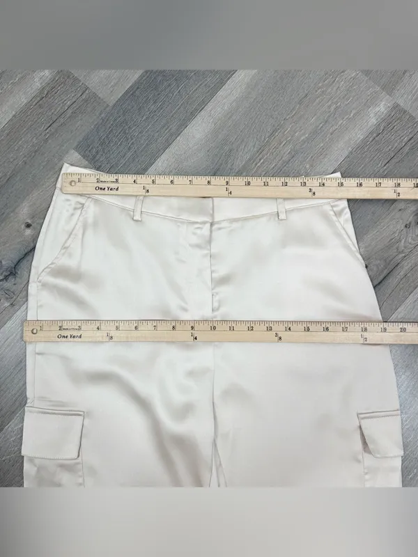 Bailey 44 Satin Cargo Pants Trousers Cream Medium High Waist Ankle Tapered - Image 10