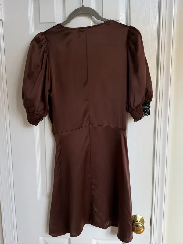 Reformation Brigitta Silk Dress Cafe Brown Mini Puff Sleeve Black Lace - Size 4 - Image 4