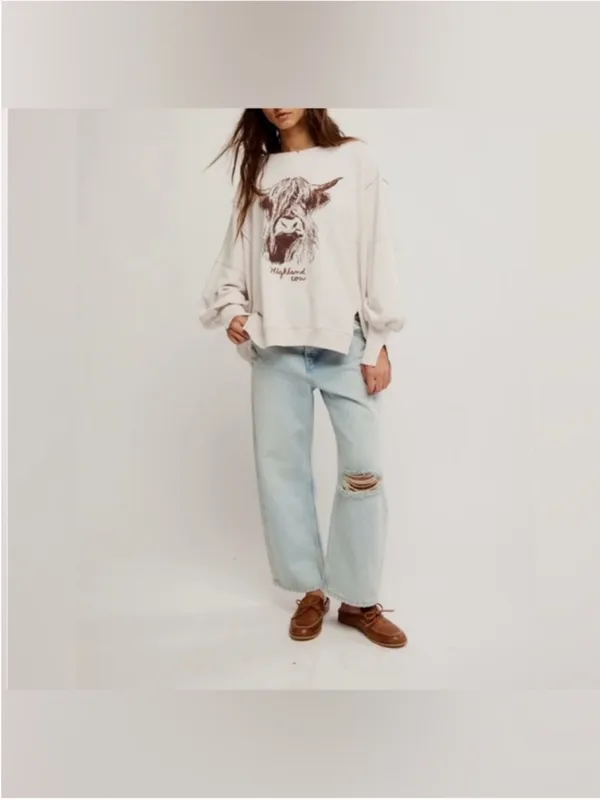 NWOT Free People We The Free Graphic Camden Pullover - highland cow combo - XS - Image 6