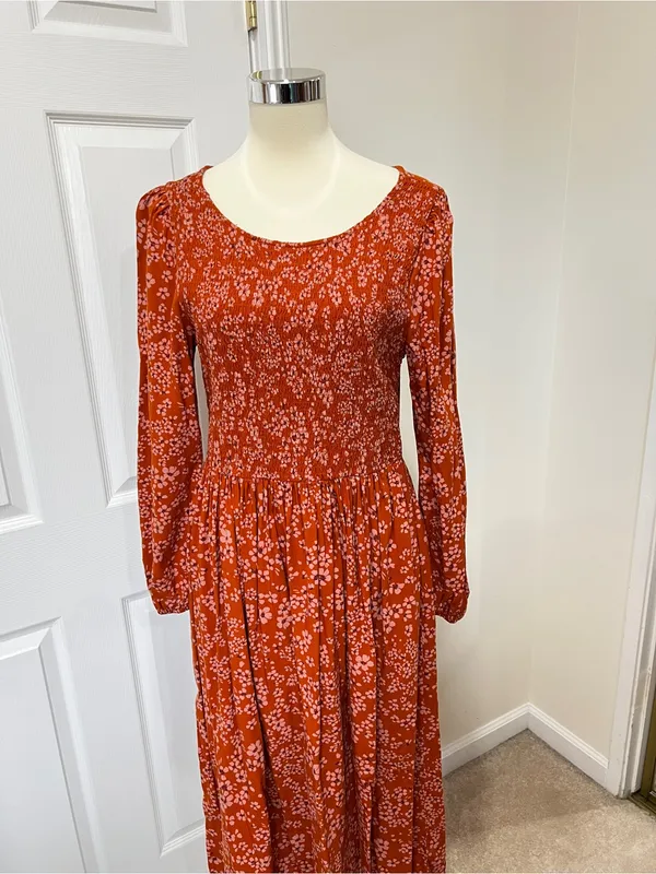 Susina Floral Smocked Bodice & Tiered Midi Dress Orange Burnt Orange Size Large - Image 7