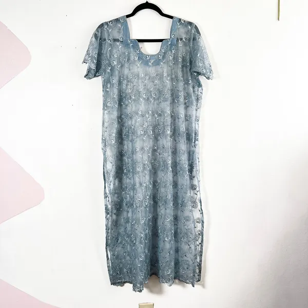Ethereal‎ Blue Sheer Maxi Dress Floral Embroidery Fairycore Mermaid Festival XL - Image 2