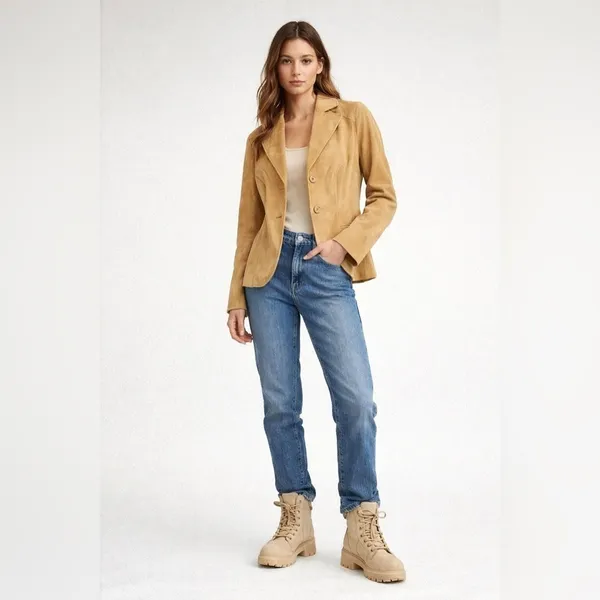 Siena Tan Suede Leather Blazer Jacket Women’s Size 4 Tailored Button Front - Image 3