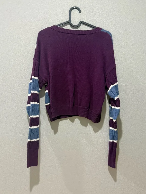Stitch & Pine Purple Stripe Cable Knit Crewneck Crop Sweater Size S - Image 2