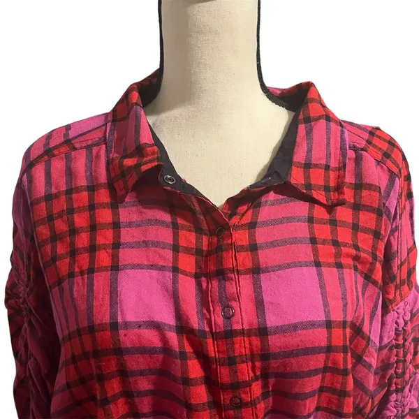 Free People Women's Pink Red Plaid Wool Blend Pacific Dawn Shirt Sz L Flannel - Image 3