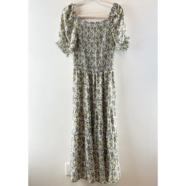 Max Studio Floral Print Puff Sleeve Smocked Tiered Maxi Sundress Green Large - Image 2