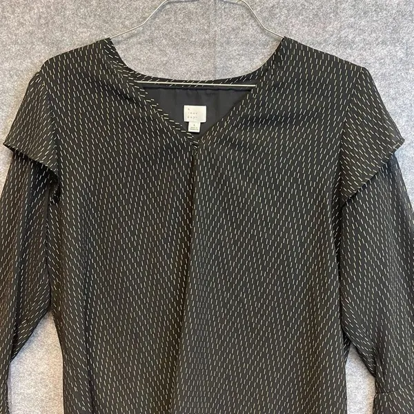 A NEW DAY Blouse Women's Large Black Gold Geometric V Neck Long Ruffle‎ Sleeves - Image 2