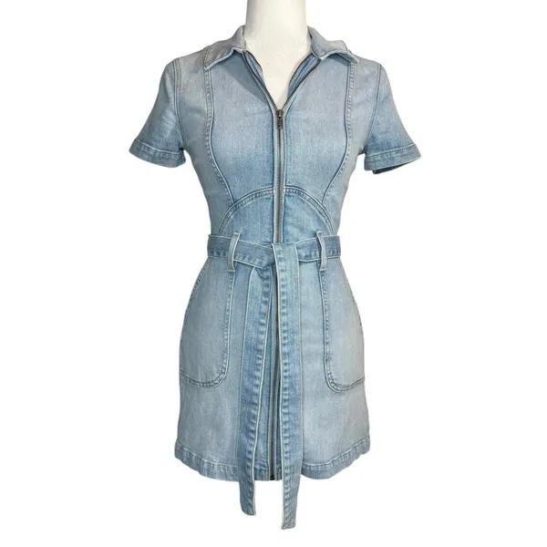 Alice + Olivia Jeans Blue Denim‎ Mini Dress Size 2 Zipper Front Pockets Belted - Image 3
