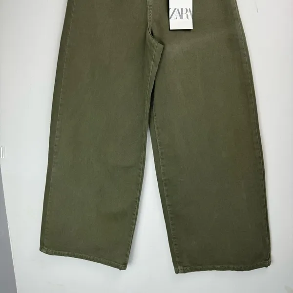 NWT ZARA Wide Leg Cropped Jean Pants Sz 0 Army Olive Green High Rise - Image 7