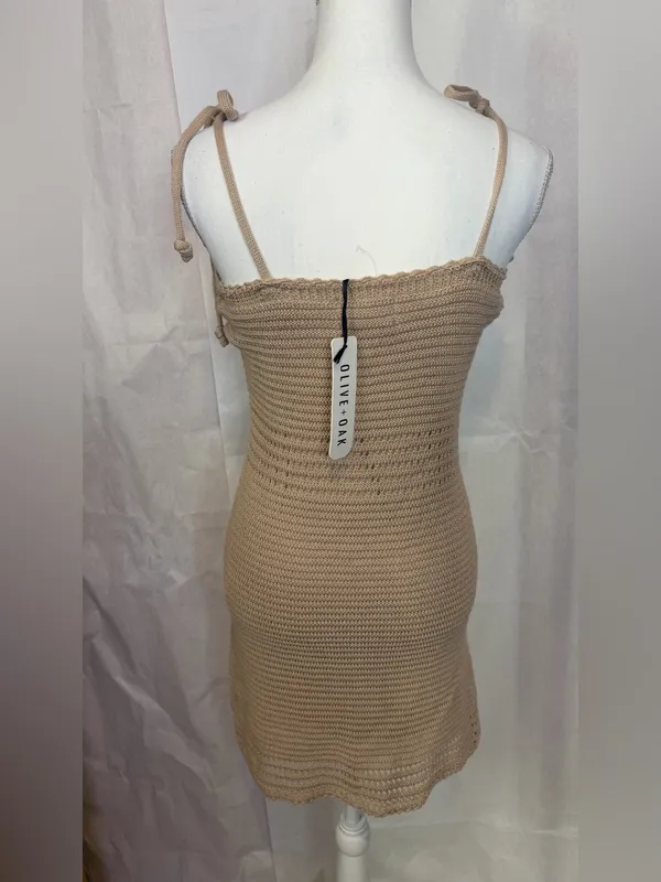 Tie-Shoulder Knit Mini Dress in Tan - Image 5