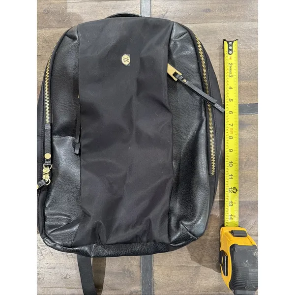 Travanti Black Nylon‎ Pebbled Faux Leather Backpack Gold Hardware Red Lining - Image 3