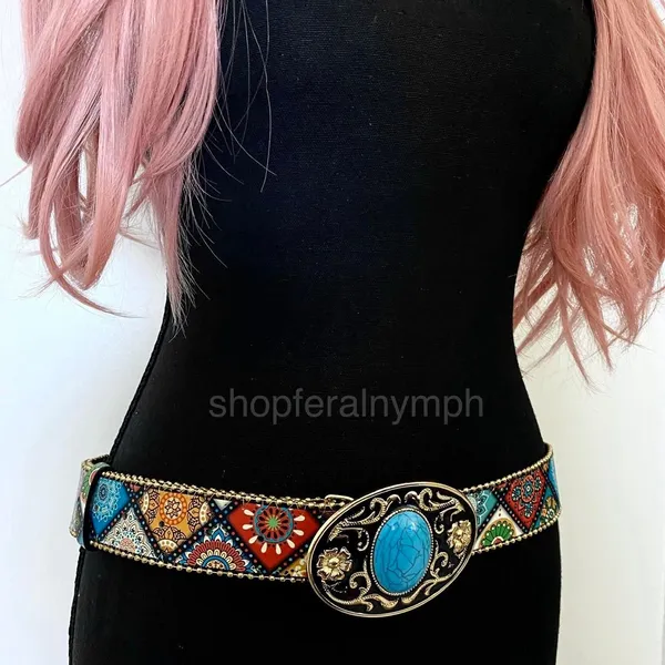 Boho Colorful Turquoise Buckle Western Y2K Belt, Fits 36.5-45 Inches, X7GA1289 - Image 4