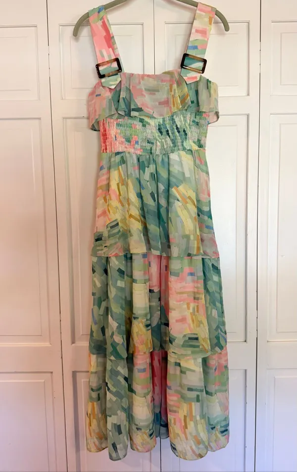 Anthropologie Hutch NWT pastel abstract print smocked tiered midi stress size sm - Image 3