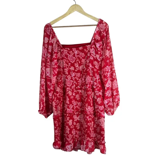 Sim & Sam Floral Paisley Smocked Mini Dress Red Pink Boho Balloon Sleeve Size XL - Image 5