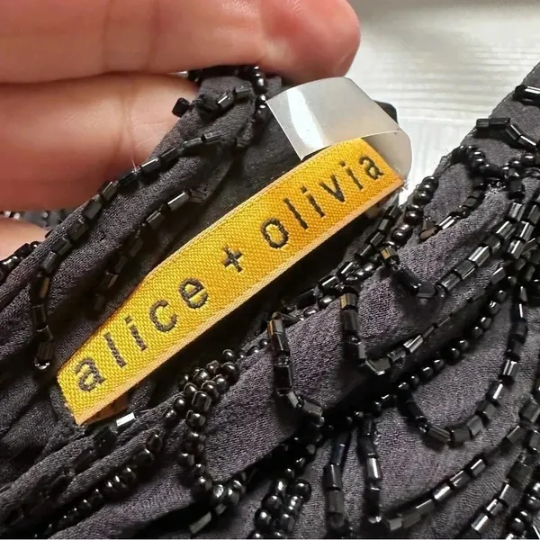 ALICE‎ + OLIVIA 100% Silk Beaded Mini Black Dress Women’s Medium - Image 2