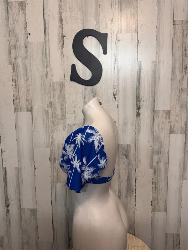 SHEIN Tropical Palm Print Puff Sleeve Bikini Top Womens Small Blue White Underwire - Image 5