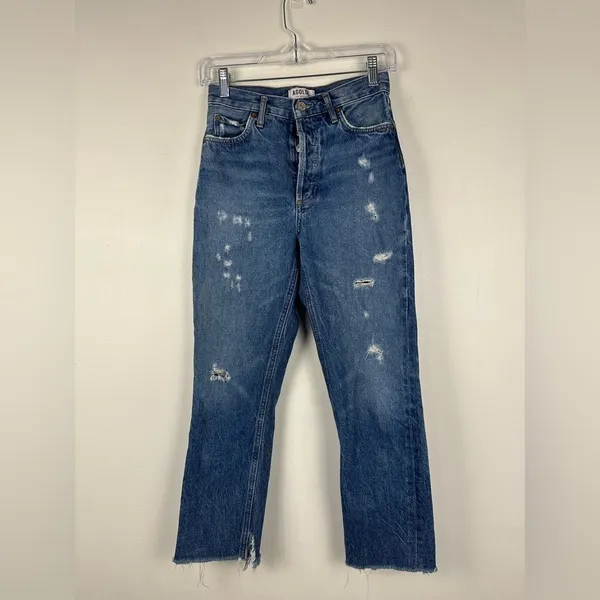 AGOLDE Riley Cropped High Rise Sttraight Leg‎ Distressed Raw Hem Jeans Sz 24 - Image 2