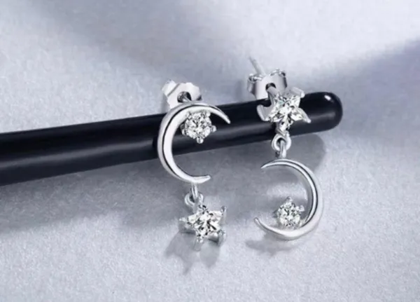 18K White Gold Plated Moon Stars Dangle Drop Earrings - Image 2