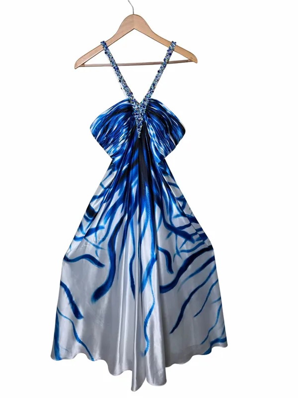 Cache Y2K Rhinestone Halter Blue Abstract Maxi Homecoming/ Prom Dress Size 10 - Image 6