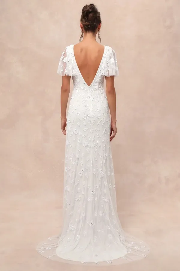 Lulus Safiya White Sequin Flutter Sleeve Maxi Dress Lulus - Image 2
