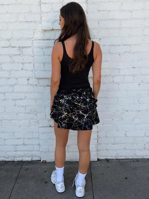 Black & gold marble print ruffles mini tennis gold athletic skirt sz M #marble #sporty - Image 4