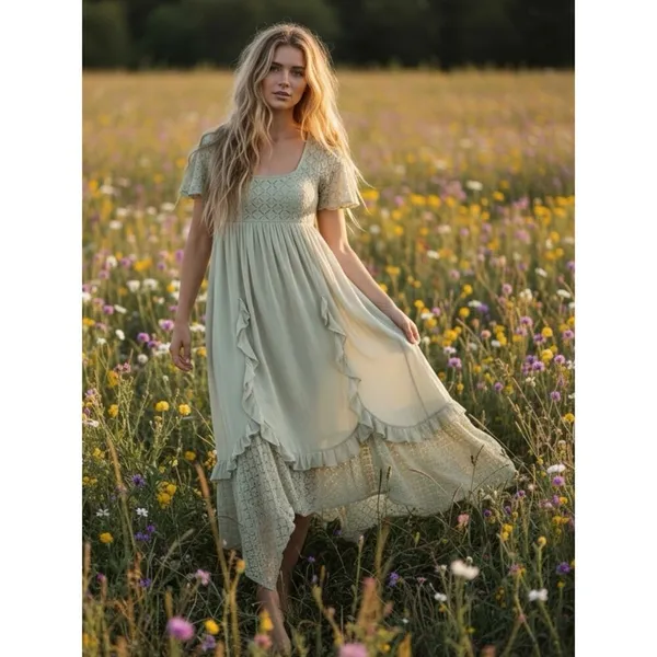 Free People Ethereal Bohemian Bring The Romance Midi Maxi Dress Moss Medium - Image 15